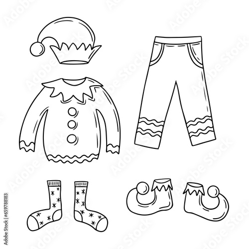 Doodle outline set of elf Christmas clothes. Sketch hand drawn design for coloring pages, stickers, pattern. Black pants, socks, hat, sweater and shoes of Santa Clause assistant on white background
