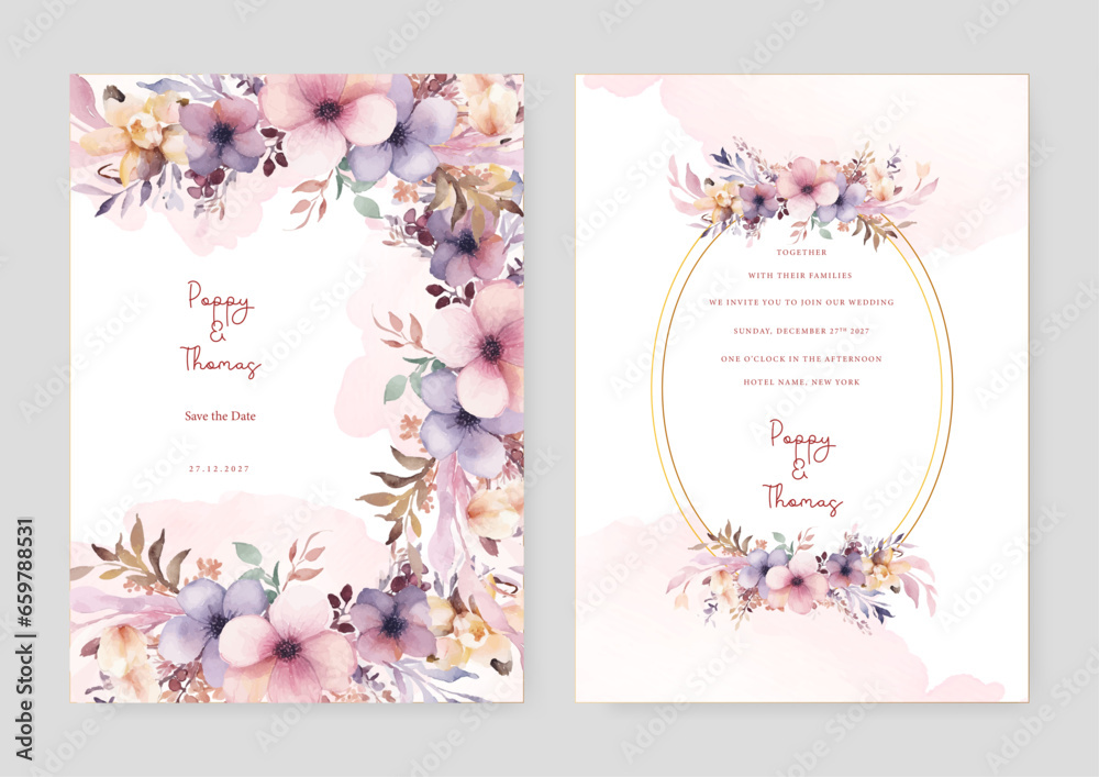 Pink and purple violet orchid beautiful wedding invitation card template set with flowers and floral