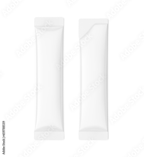 Blank stick package bag mockups. Torn and regular suite. Front  view. Vector illustration isolated on white background. Can be use for food, cosmetic, pharmacy and etc. EPS10.
