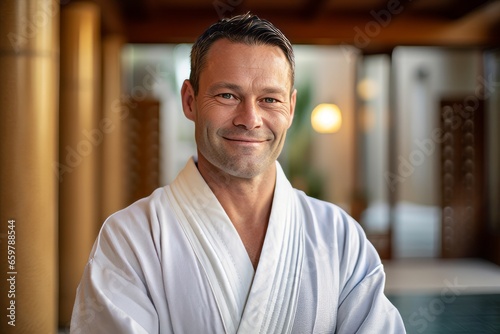 Portrait of mature man in bathrobe smiling at camera in spa photo