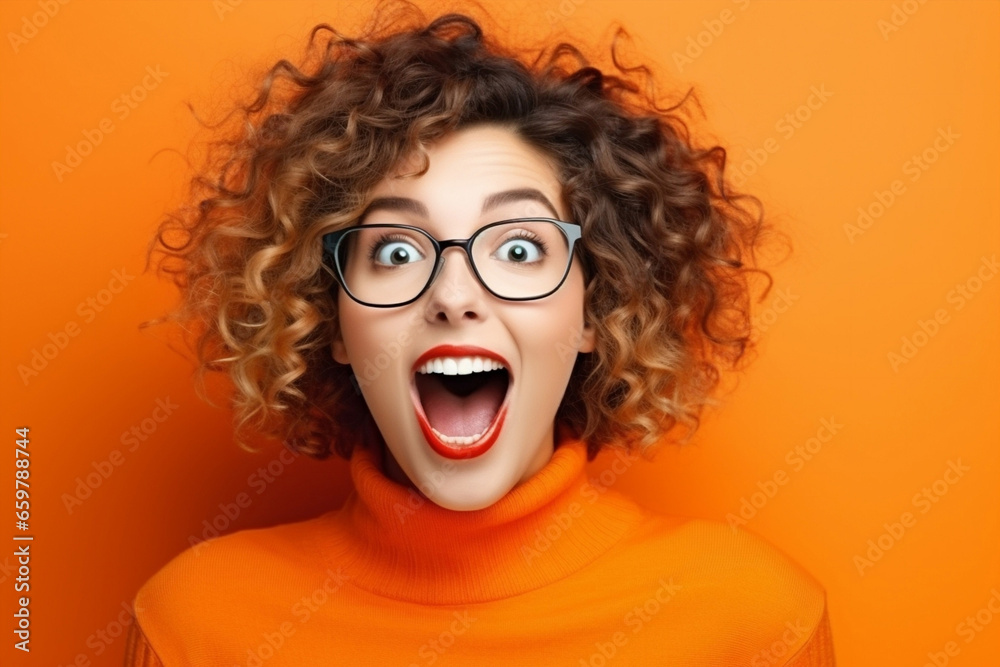 Female woman model happy shocked expression hair face curly amazed beauty young excited surprised