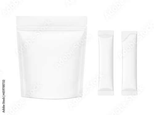 Set of pouch bag  with sticks mockups. Torn and regular suite. Front  view. Vector illustration isolated on white background. Can be use for food, cosmetic, pharmacy and etc. EPS10.