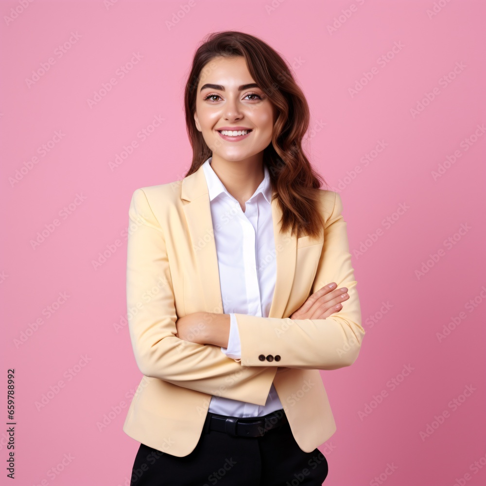 Close up young fun happy successful employee business woman corporate ...