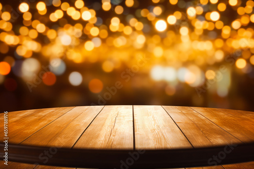 Wooden table with blurry background of lights in the background.