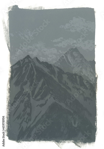 Gouache landscape with mountains in the grisaille technique (ID: 659789114)