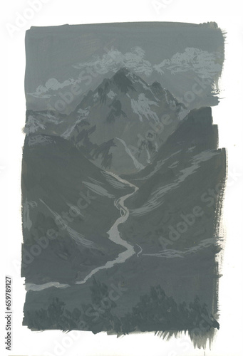 Gouache landscape with mountains and river in the grisaille technique (ID: 659789127)