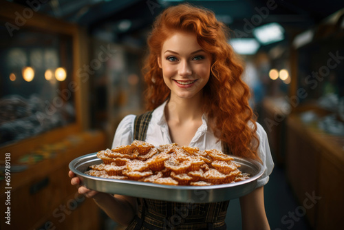 Cute red-haired waitress with a tray of snacks at Oktoberfest