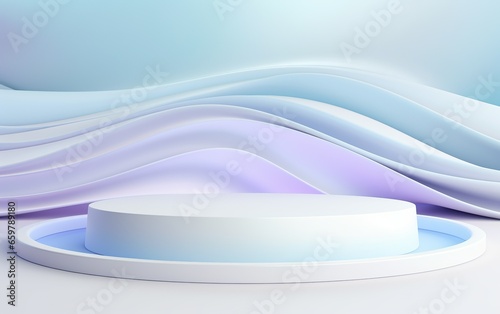 Background scene with 3D texture of wavy lines in light pastel pink, blue and purple tones and a smooth podium. Product display podium for advertising, presentation.