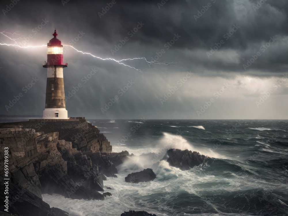 Lonely lighthouse on a rocky coast during a storm, with waves crashing and lightning