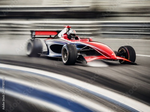 Race car with sleek design, captured in a high speed motion blur photo