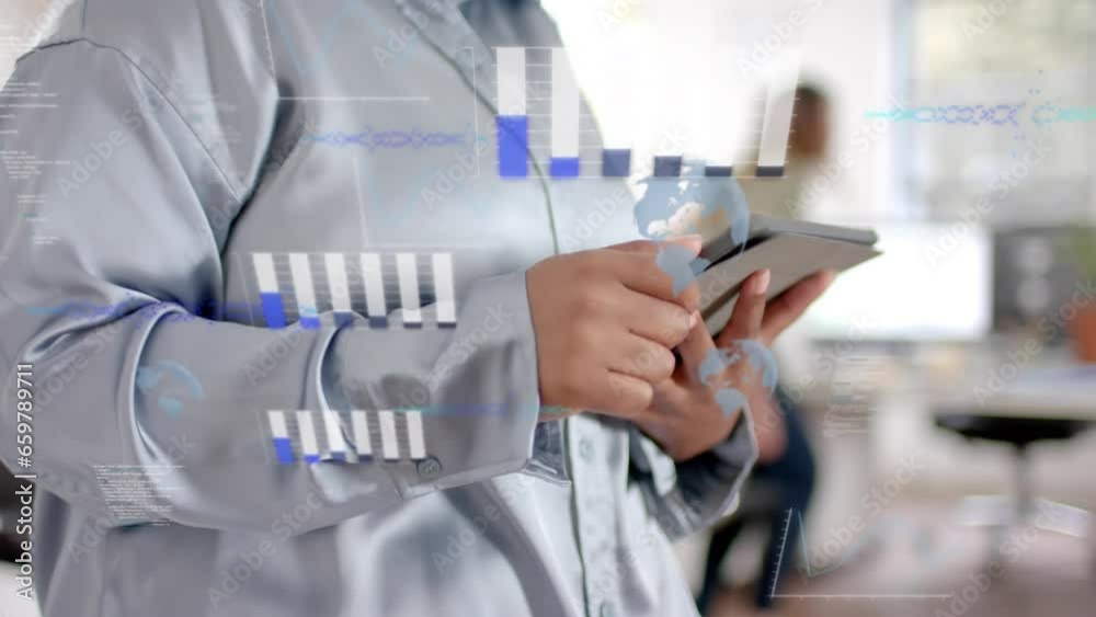 Animation of statistical data processing against mid section of businesswoman using tablet at office Animation of statistical data processing against mid section of businesswoman using tablet at office