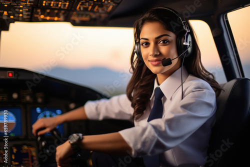 Young and confident woman pilot sitting in airplane cockpit photo