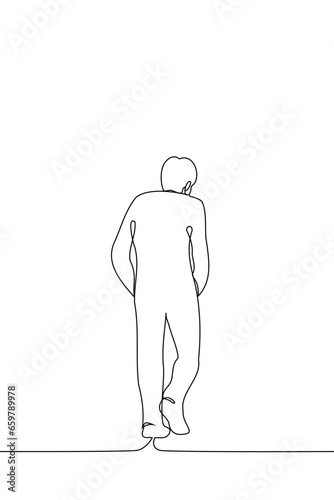 man walks away hunched over with his hands in pockets - one line art vector. concept leaving, sad gait, bad posture, sad man leaving