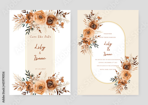 Gold and brown rose set of wedding invitation template with shapes and flower floral border