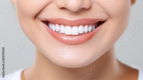 Close view of female face happy smile with white teeth