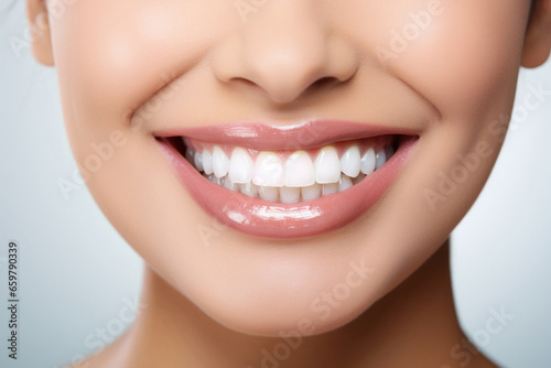 Close view of female face happy smile with white teeth