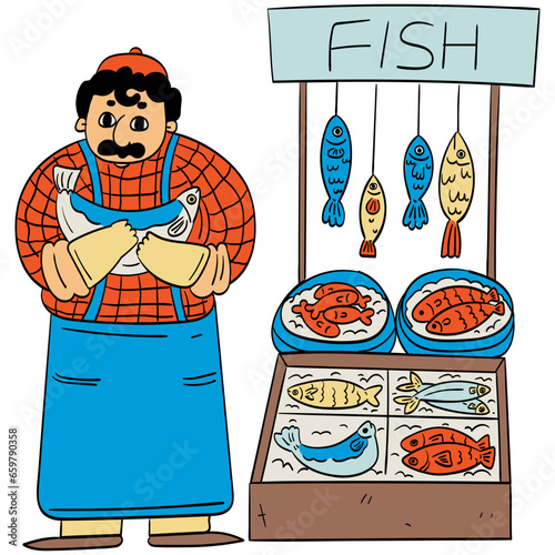 Fishmonger stall cartoon illustration