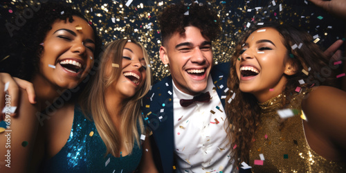 Happy smiling group of mixed race young people dancing, laughing and having fun at the disco club new year party