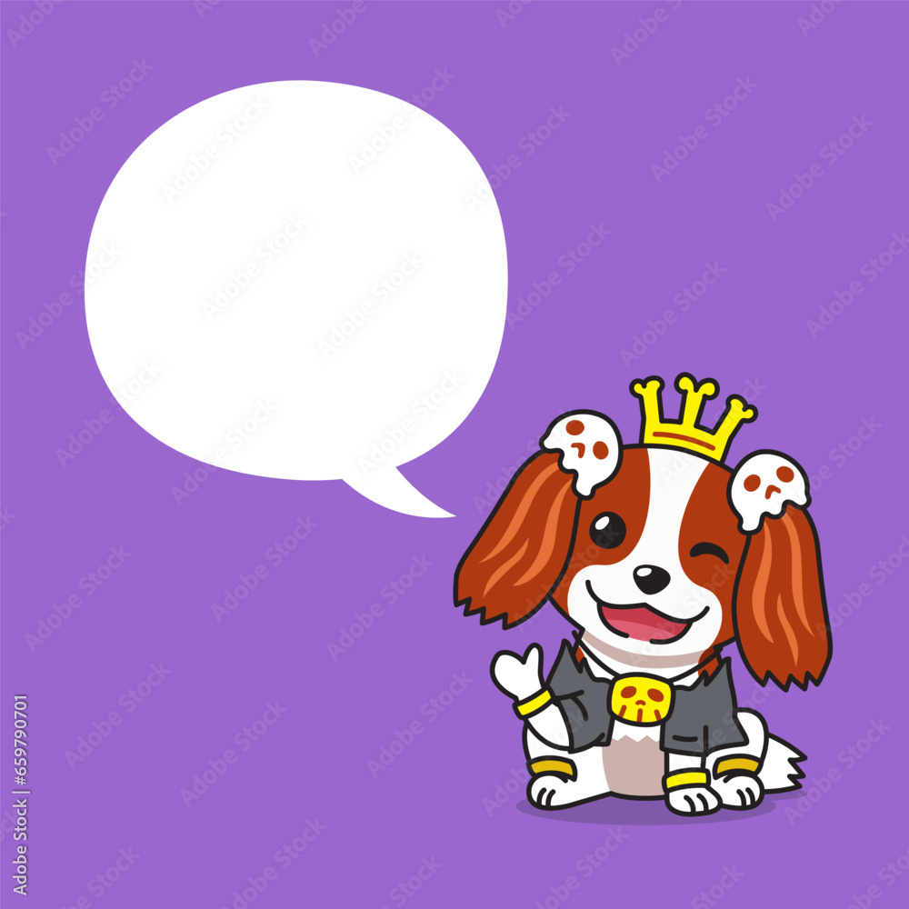 Cartoon cavalier king charles spaniel dog with halloween costume and speech bubble for design. Cartoon cavalier king charles spaniel dog with halloween costume and speech bubble for design.
