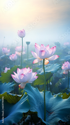 high, narrow, vertical, panorama of lotus flowers, gentle morning landscape of nature in pastel pink and white tones