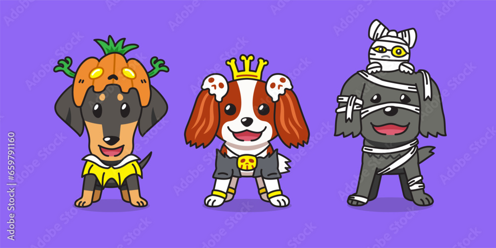 Obraz premium Vector cartoon cute dogs with halloween costumes for design.