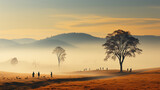 small silhouettes of  group  people on the background copy space autumn landscape golden fog morning tree in nature yellow warm