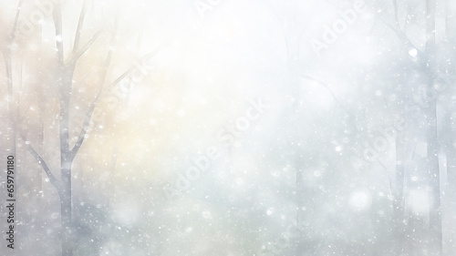 white blurred background snowfall, snowflakes falling, blizzard, watercolor image light abstract copy space blank winter greeting postcard
