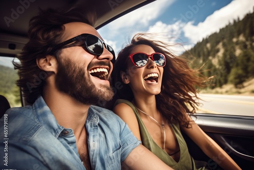 Young couple on road trip, carefree and laughing in convertible car