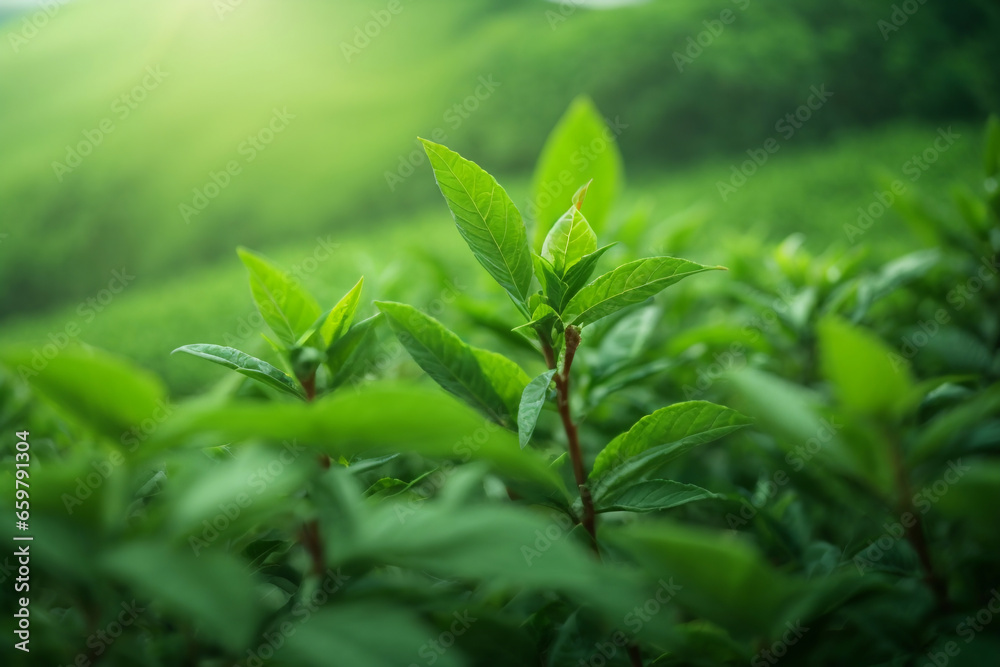 Obraz premium Green tea bud and leaves. Green tea plantations in the morning. Generative AI.