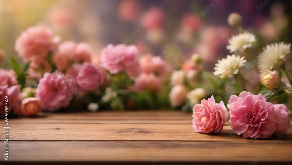 Empty table top on of blurred Flower background. Generative AI. Empty table top on of blurred Flower background. Generative AI.