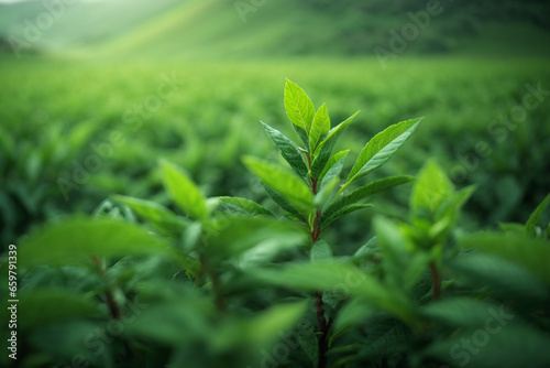 Green tea bud and leaves. Green tea plantations in the morning. Generative AI.