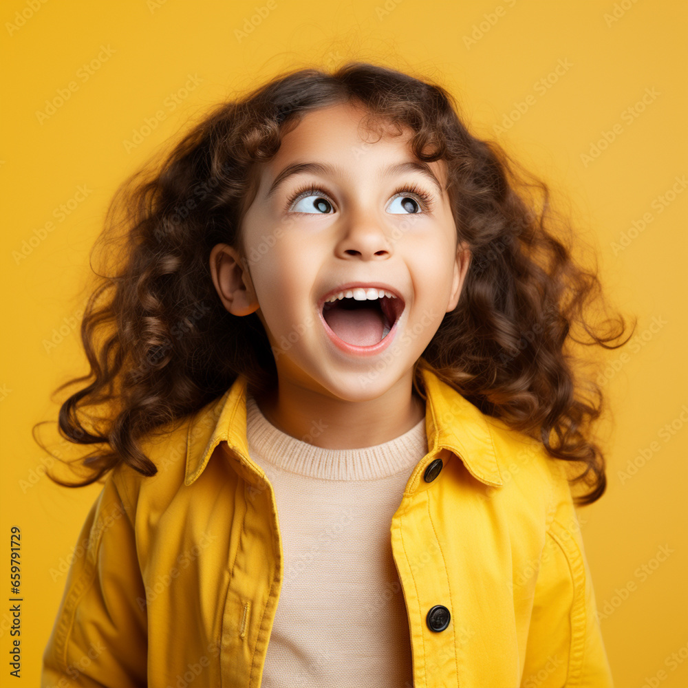 Smiling kid child girl look in copyspace isolated on yellow color background, ai technology Smiling kid child girl look in copyspace isolated on yellow color background, ai technology