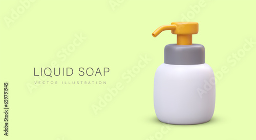 Poster with big dispenser for different liquids on green background. 3d plastic cosmetic product bottle with liquid soap. Vector illustration with place for text