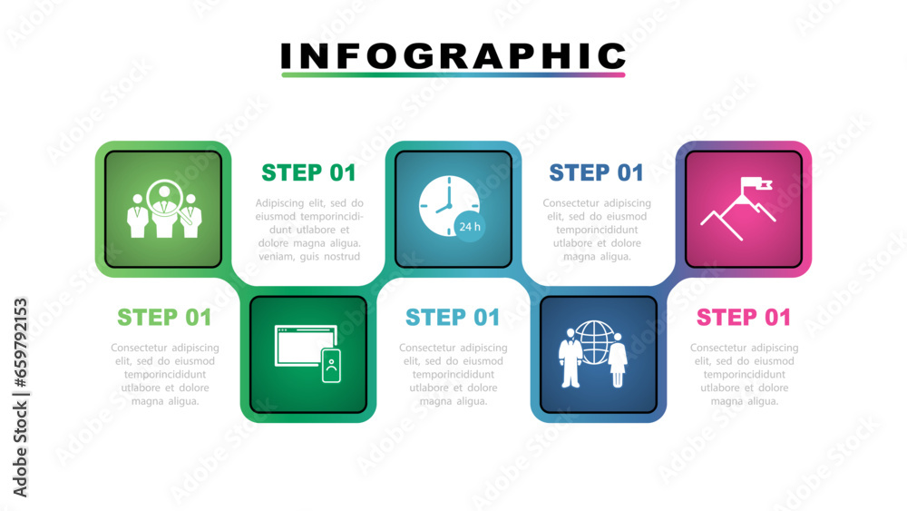 Vector illustration. Infographic design template, business information, icons, presentation, with 5 options. Can be used to create workflows, annual report charts, web design. Business concept, flat