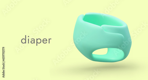Realistic 3d green diaper. Baby care concept. Absorbent newborns panties for children and adults. Vector illustration with place for text and yellow background