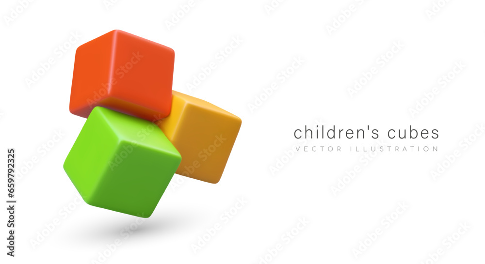 3d realistic cubes for children. Constructor, game for kids, development. Poster for toy store with place for text. Vector illustration in green, red and yellow colors