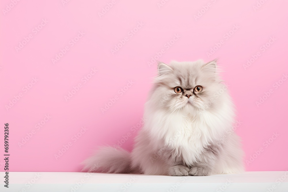 White persian cat on pink background with copy space. Studio shot