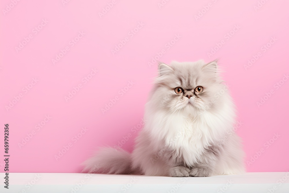 Fototapeta premium White persian cat on pink background with copy space. Studio shot