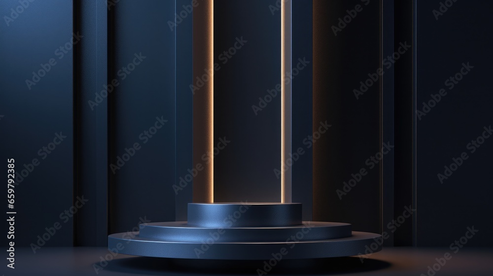 Minimalist navy blue geometric pedestal for product showcase. Empty mock up template cylinder shape on dark background. Blank stage 3d illustration. Minimalist navy blue geometric pedestal for product showcase. Empty mock up template cylinder shape on dark background. Blank stage 3d illustration.