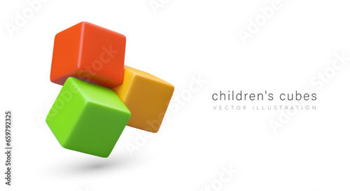 3d realistic cubes for children. Constructor, game for kids, development. Poster for toy store with place for text. Vector illustration in green, red and yellow colors