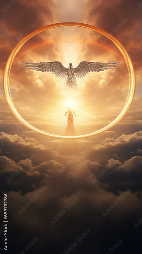 vertical background heavenly landscape, angel in heaven in the light of the sun with wings on the background of sunset, religious faith concept - obrazy, fototapety, plakaty 