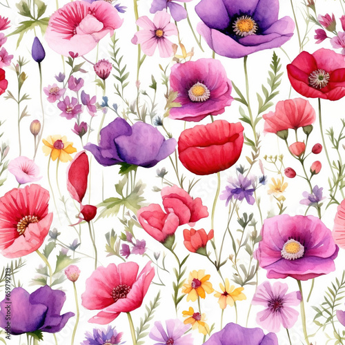 Watercolor Wildflowers Daisie Poppie Digital Paper Seamless Patterns Sublimation Background © Thitiphan