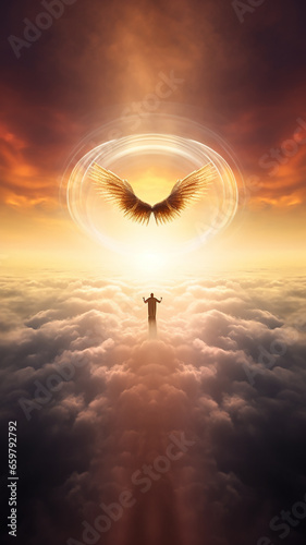 vertical background heavenly landscape, angel in heaven in the light of the sun with wings on the background of sunset, religious faith concept