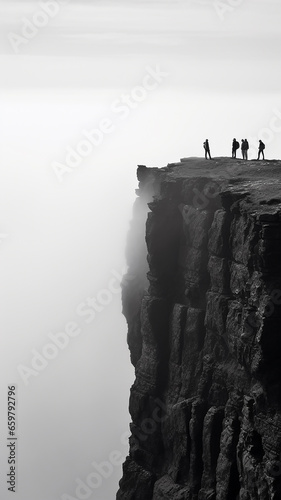 vertical panorama landscape fog over a cliff in the mountains, minimalism in the style of black and white photo