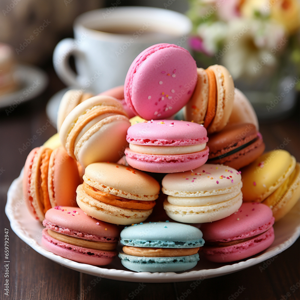 Gentle macaroons on table close-up, ai technology Gentle macaroons on table close-up, ai technology