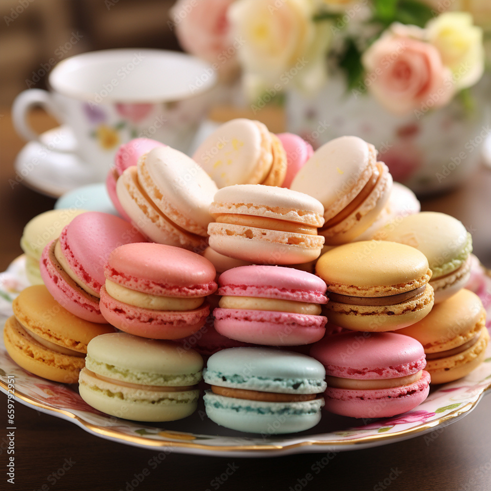 Gentle macaroons on table close-up, ai technology Gentle macaroons on table close-up, ai technology