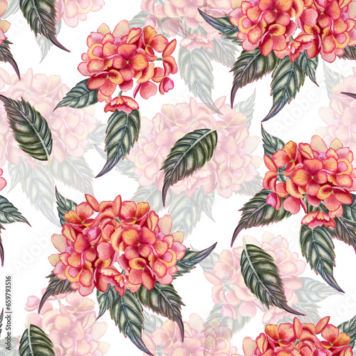 Hydrangea flowers with leaves watercolor seamless pattern. Hand drawn bouquet in autumn colors endless background. Print for fabric and wallpaper.