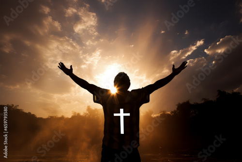 man praying and praising god on background