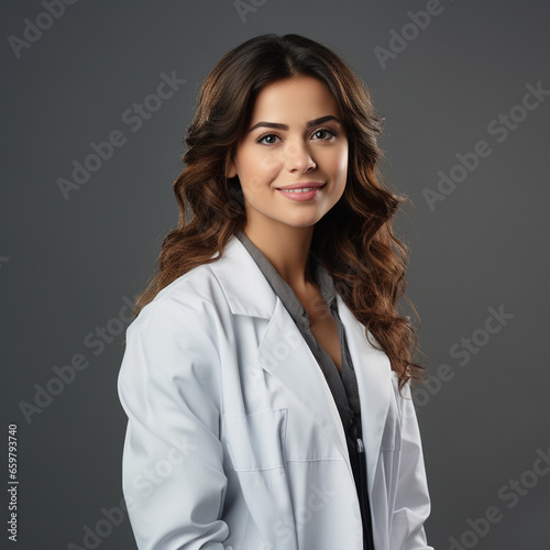 Lady doctor isolated grey color background, ai technology