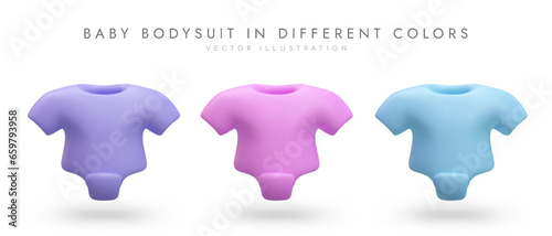 3d baby bodysuit in different colors. Poster for store selling clothes for kids. Vector illustration in pink, blue and purple colors with gray background and place for text